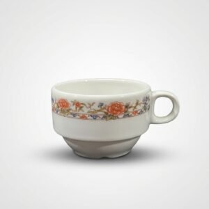 Iš priekio nufotografuotas baltas keraminis kavos puodelis 130 ml su oranžinių ir mėlynų gėlių raštu baltame fone.