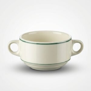 Baltas keraminis sriubos puodelis 260 ml su dvejomis ąselėmis ir žalia juostele, nufotografuotas iš priekio baltame fone.