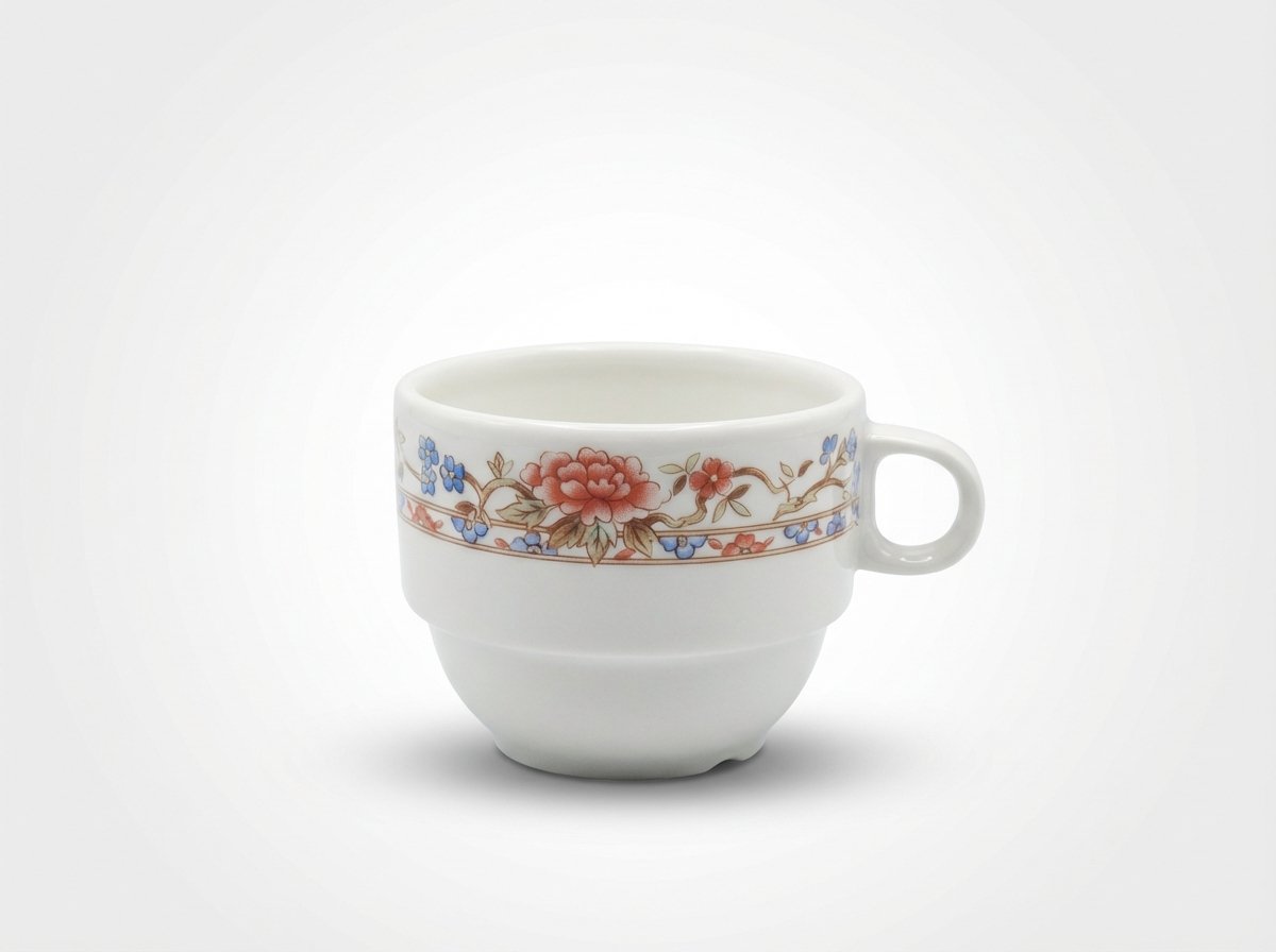 Balta, dailiai dekoruota gėlėta keraminė puodelio taurė 240 ml, stovinti ant vienspalvio fono.