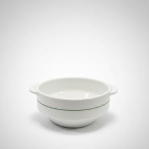 Baltas dubenėlis 310 ml su dvejomis ąselėmis ir plona žalia juostele, nufotografuotas baltame fone.