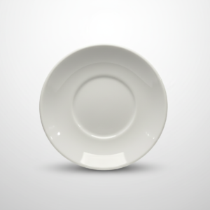 Klasikinio dizaino, blizgi balta lėkštutė 17 cm skersmens, nufotografuota iš viršaus šviesiame fone.