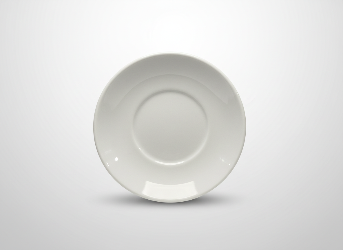 Klasikinio dizaino, blizgi balta lėkštutė 17 cm skersmens, nufotografuota iš viršaus šviesiame fone.