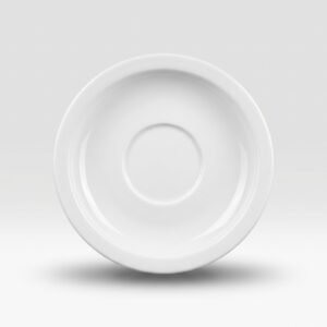 Klasikinio dizaino balta lėkštutė 14,5 cm, skirta puodeliui, nufotografuota iš priekio baltame fone.