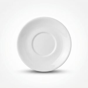 Apvali balta lėkštutė 15 cm, pagaminta iš porceliano, nufotografuota iš viršaus baltame fone.