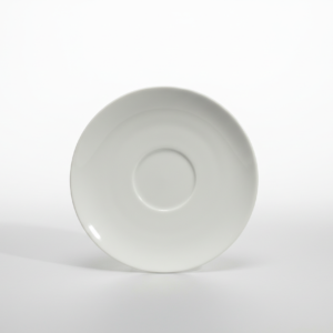 Klasikinio dizaino apvali balta lėkštutė 12 cm skersmens, nufotografuota iš viršaus baltame fone.