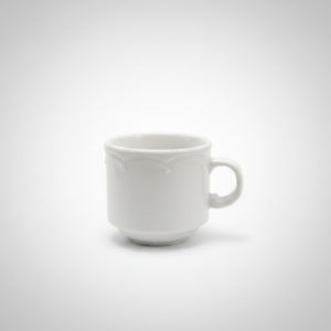 Baltas porcelianinis kavos puodelis 120 ml su reljefiniu raštu, stovintis ant balto fono.