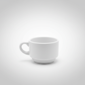 Baltas porcelianinis, vienas ant kito statomas, balta espresso puodelis 100 ml talpos, nufotografuotas ant šviesaus fono.