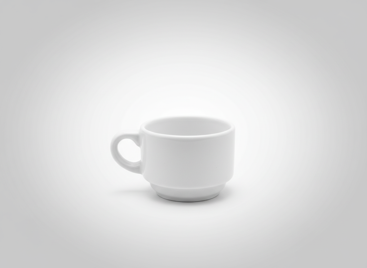 Baltas porcelianinis, vienas ant kito statomas, balta espresso puodelis 100 ml talpos, nufotografuotas ant šviesaus fono.