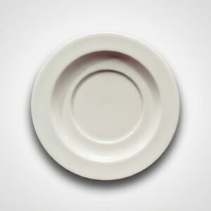 Apvali balta lėkštutė 16 cm su dvigubu kraštu, nufotografuota iš viršaus baltame fone.