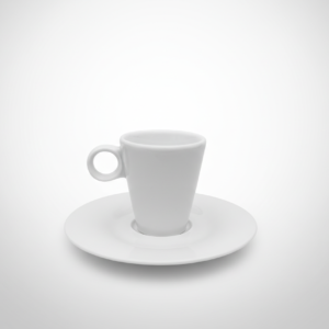 Baltos spalvos keramikinis espresso puodelio ir lėkštutės komplektas 80 ml, nufotografuotas iš priekio baltame fone.