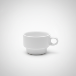 Baltame fone nufotografuotas nedidelis, balta keramikinė puodelis 110 ml talpos, su maža apvalia ąsele šone.