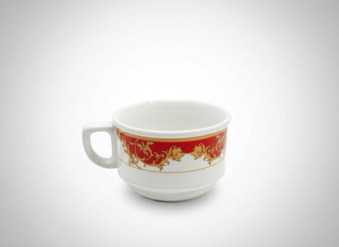 Elegantiškas baltas puodelis su raudonu ornamentu ir auksinėmis detalėmis, stovintis ant balto fono.