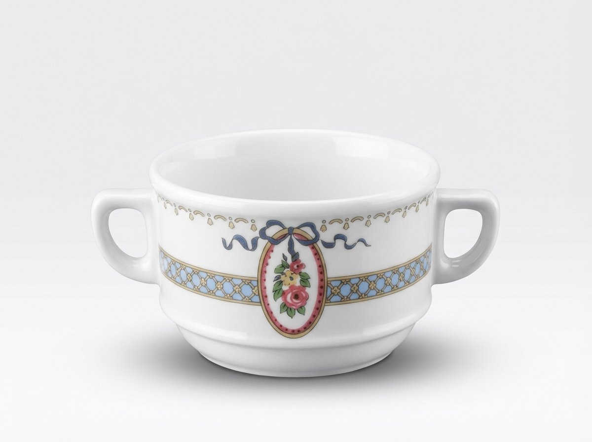 Baltas, gėlėmis puoštas dekoruotas dviejų ąselių puodelis 235 ml sriubai, nufotografuotas iš priekio baltame fone.