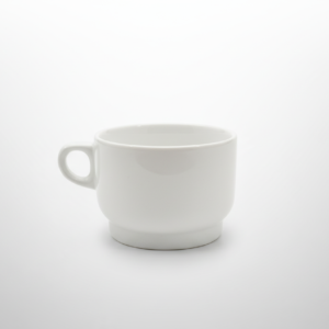 Baltas 260 ml puodelis su nedidele ąsele, nufotografuotas ant balto fonas, išryškinantis jo formą ir blizgų paviršių.