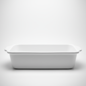 Stačiakampė balta kepimo forma 32x50 cm, nufotografuota iš priekio, stovinti ant balto paviršiaus ir paruošta naudojimui.