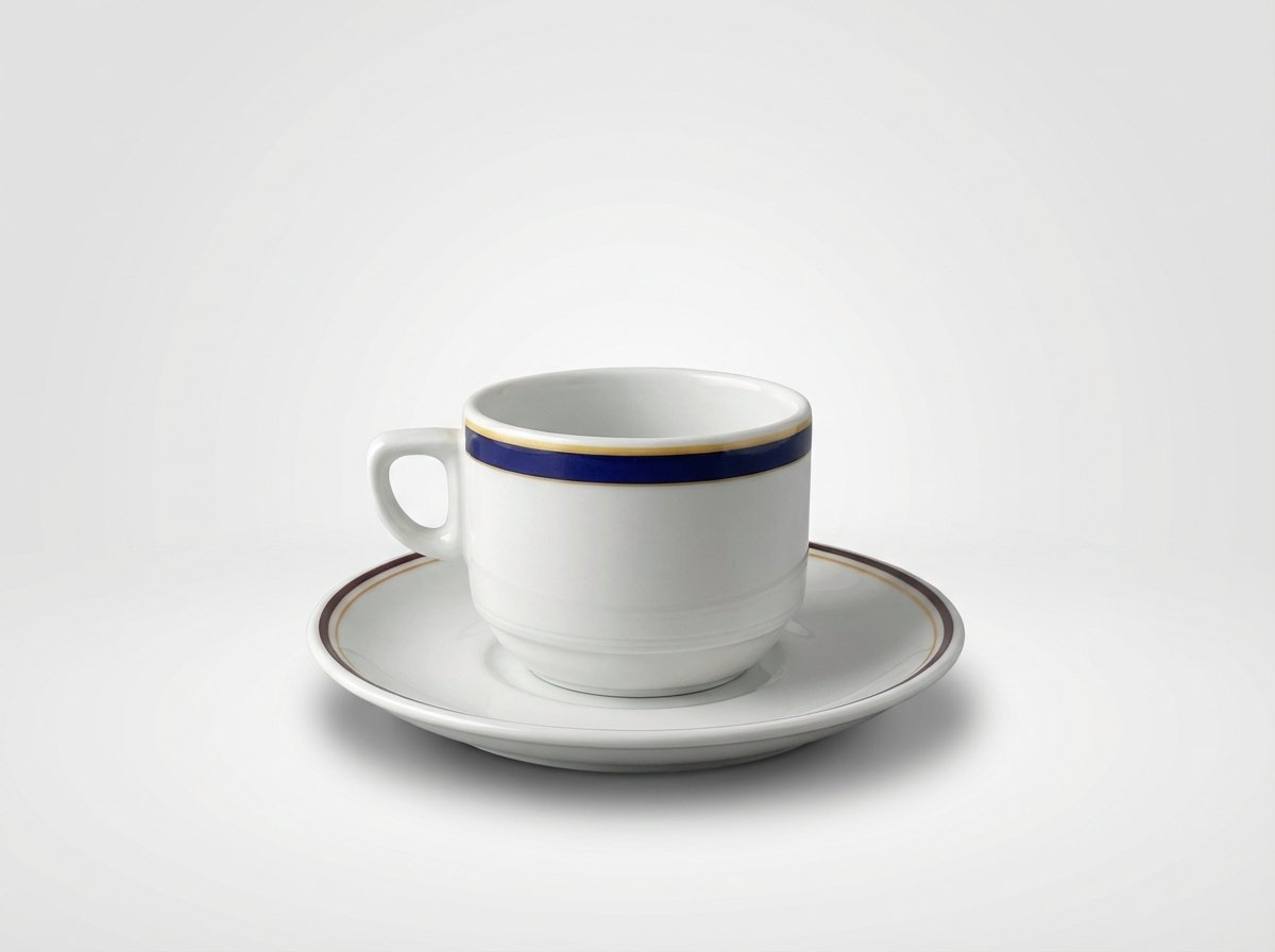 Baltas keramikinis puodelis su lėkštute 210 ml, dekoruotas kontrastingomis mėlynos ir aukso spalvos juostelėmis.