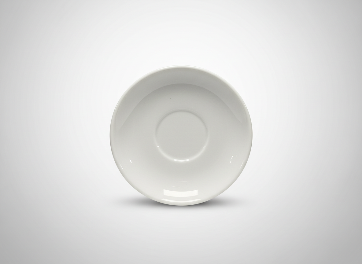 Apvali, blizgi balta lėkštutė 11,5 cm skersmens, skirta puodeliui, nufotografuota iš viršaus baltame fone.