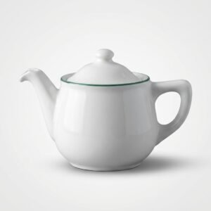 Klasikinės formos, blizgus balta arbatinukas 330 ml su dangteliu ir siaura žalia juostele viršuje, stovintis ant balto fono.