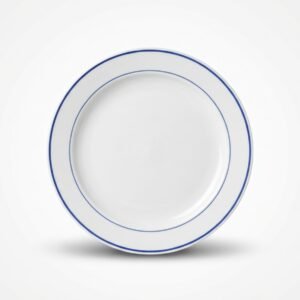 Klasikinio dizaino balta lėkštė 28 cm su dviem dailiomis mėlynomis linijomis ant apvado, fotografuota iš viršaus.