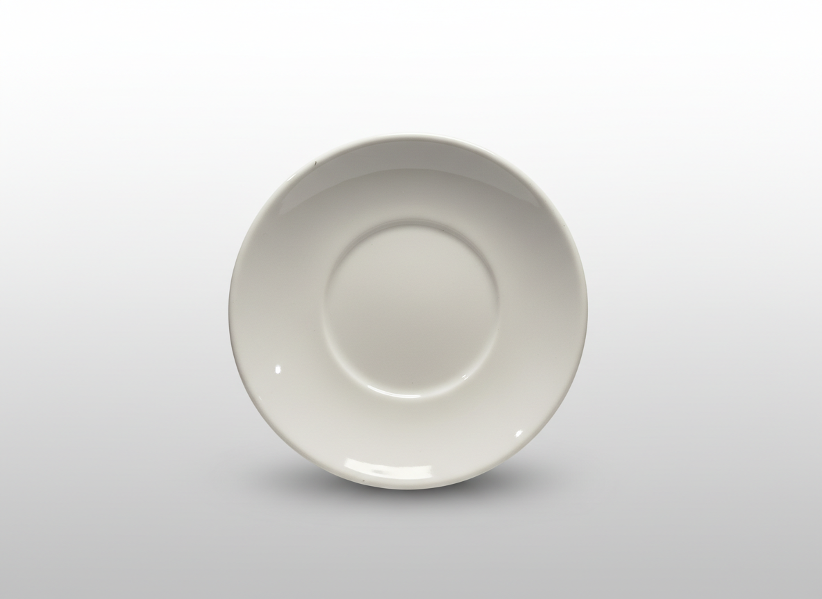 Klasikinio dizaino balta lėkštutė 14 cm, nufotografuota iš viršaus ant šviesaus fono.