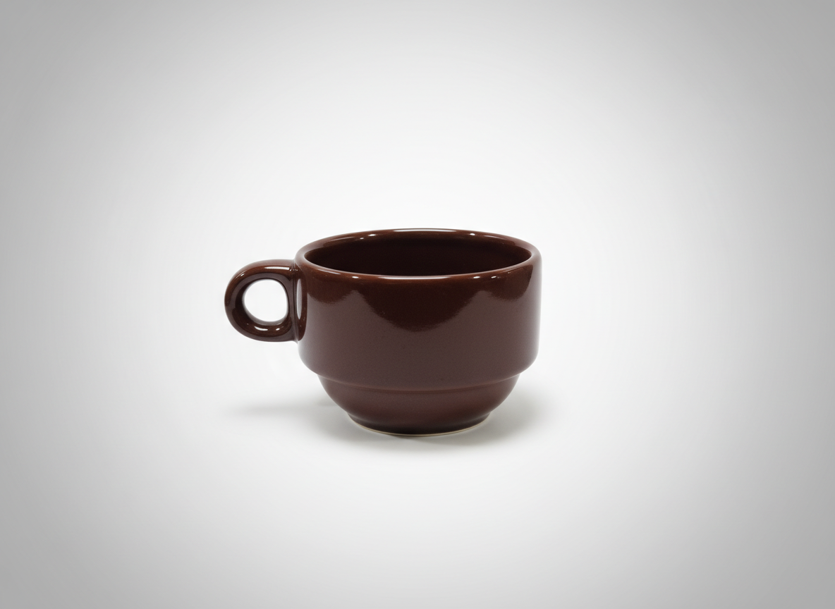 Paprasto dizaino rudas keraminis puodelis 200 ml su rankenėle, nufotografuotas ant šviesaus fono.