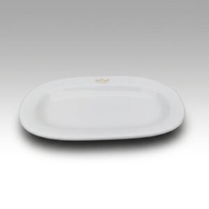 Baltas stačiakampis padėkliukas 14,5x8,5 cm su auksine karūnėlės detale, nufotografuotas ant šviesaus gradiento fono.