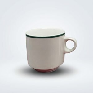 Baltas porcelianinis puodelis 195 ml su žalia linija aplink kraštą, nufotografuotas šviesiame fone.