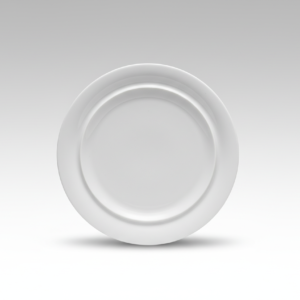 Klasikinio dizaino apvali balta lėkštė 22 cm, nufotografuota iš viršaus ant neutralaus vienspalvio fono.