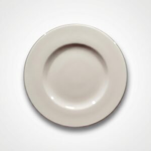 Klasikinio dizaino balta apvali lėkštė 23 cm, nufotografuota iš viršaus ant balto pagrindo.