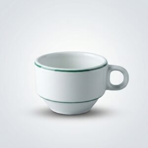 Klasikinio dizaino balta puodelis 130 ml, dekoruotas dviem siauromis žalios spalvos juostelėmis.