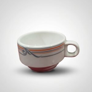 Baltas puodelis 143 ml, dekoruotas horizontaliomis oranžinėmis ir pilkomis linijomis bei pilku raštu šone, baltame fone.