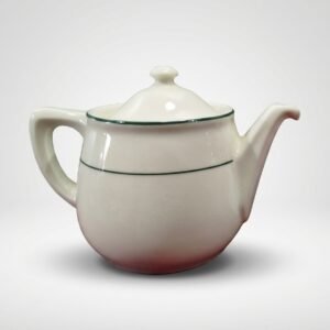 Elegantiškas apvalus balta arbatinukas 555 ml su dangteliu, papuoštas dviem plonomis horizontaliomis žalios spalvos linijomis.