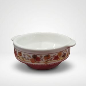 Balta keraminė dubenėlė 305 ml su dvejomis rankenėlėmis ir rudeniškų lapų raštu.