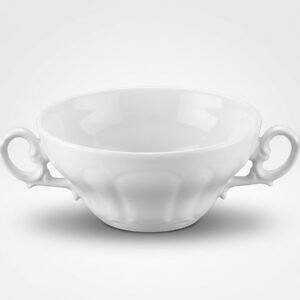 Elegantiškas baltas dubenėlis 200 ml su puošniomis ąselėmis, nufotografuotas iš priekio baltame fone.