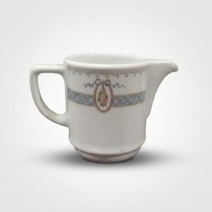 Baltas porcelianinis pieno ąsotelis 115 ml, dekoruotas spalvota juostele su gėlių atvaizdu centre.