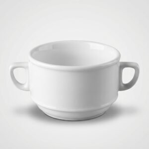 Baltas sriubos puodelis 240 ml su dvejomis rankenėlėmis, nufotografuotas iš priekio baltame fone.