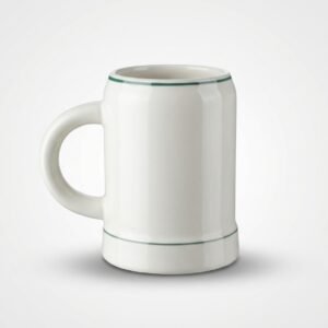 Baltas 440 ml keramikinis puodelis-bokalas su rankena ir žaliomis juostelėmis, nufotografuotas šviesiame fone.