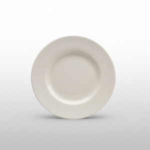Klasikinio dizaino, apvali balta lėkštė 23 cm skersmens, nufotografuota ant šviesaus fono.