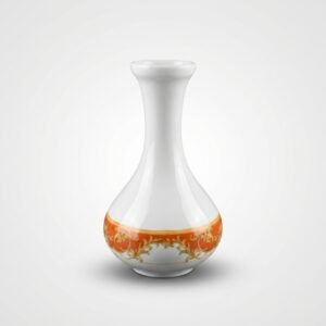 Elegantiška balta dekoratyvinė vaza, kurios apatinė dalis papuošta ryškia oranžine juosta su aukso spalvos ornamentais.