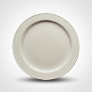 Klasikinio dizaino apvali balta lėkštė 25 cm, nufotografuota iš viršaus ant balto fono.