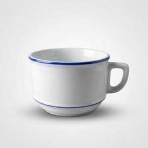 Elegantiškas balta puodelio forma dubenėlis 245 ml su siaura mėlyna juostele palei kraštą ir patogia rankenėle.