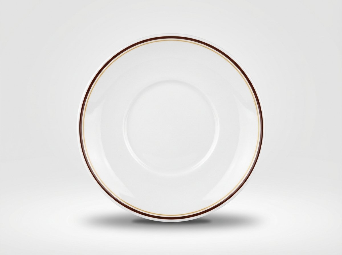 Klasikinio dizaino balta lėkštutė 17,5 cm su auksine ir ruda juostele ant krašto, nufotografuota iš priekio baltame fone.