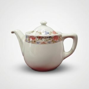 Baltas gėlėtas porcelianinis arbatinukas 515 ml talpos, su dangteliu, nufotografuotas ant šviesaus fonas.