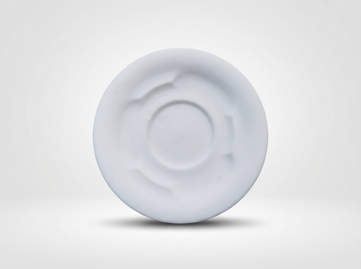 Ant šviesaus pagrindo stovinti balta lėkštutė 10,5 cm skersmens, skirta puodeliui.