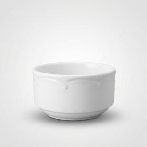 Balta keraminė dubenėlio formos lėkštelė 255 ml su reljefiniu raštu viršuje, nufotografuota iš priekio baltame fone.