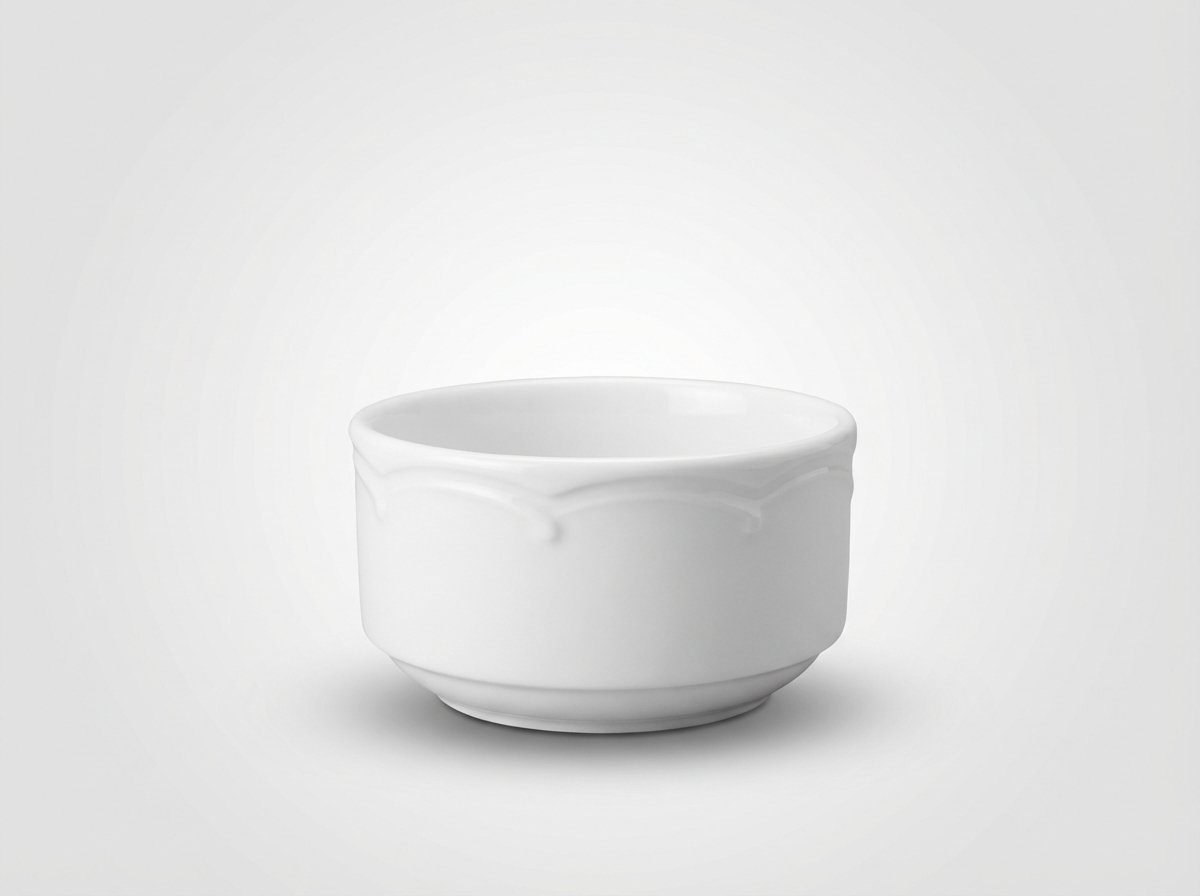 Balta keraminė dubenėlio formos lėkštelė 255 ml su reljefiniu raštu viršuje, nufotografuota iš priekio baltame fone.