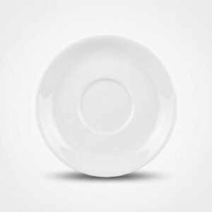 Iš viršaus nufotografuota apvali, blizgi balta lėkštutė 13 cm, skirta puodeliui, esanti ant šviesaus fono.