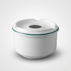 Baltas keraminis dubenėlis 255 ml su anga viršuje ir siaura žalia juostele aplink kraštą, nufotografuotas baltame fone.