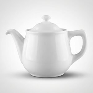 Klasikinės formos blizgus baltas arbatinukas 1095 ml su dangteliu, patogia rankena ir snapeliu, stovintis ant šviesaus pagrindo.