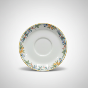 Balta porcelianinė gėlėta lėkštutė 12,5 cm su vaisių ir uogų raštu bei geltonu apvadu, nufotografuota iš viršaus.